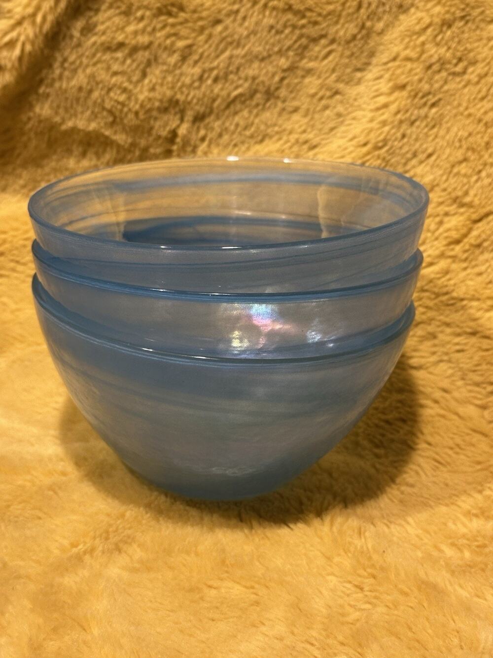 Handblown Art Glass Cereal Dessert Salad Soup Bowls Blue Swirl Set of 3 Vintage